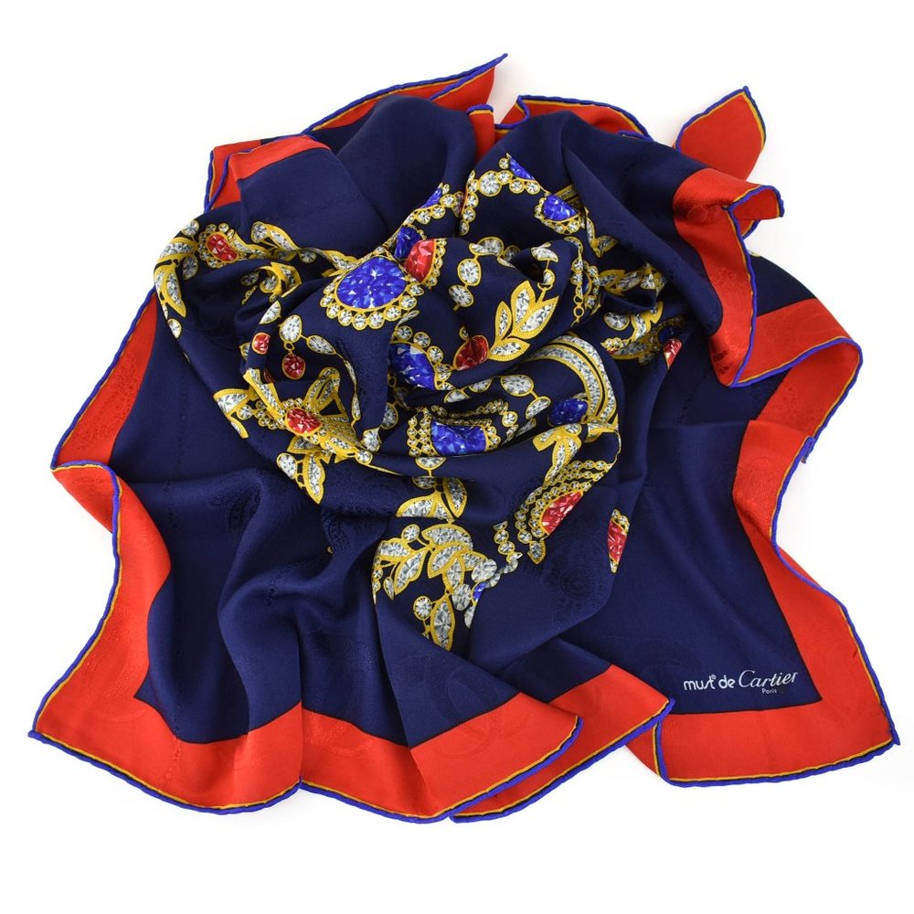 CARTIER "Jewels": Navy/Red, "Double C" Logo 100% Silk, Scarf 34" x 34" (nv)